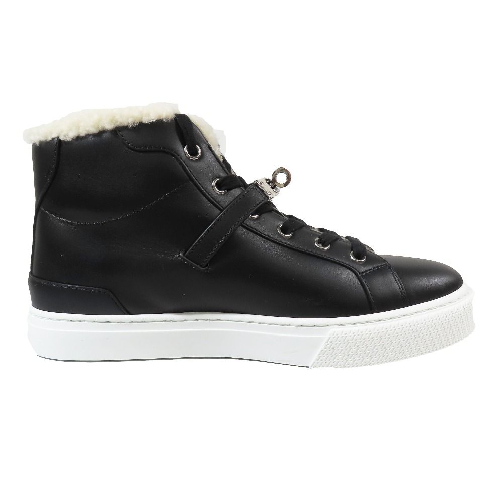 Hermes Day Kelly Buckle Silver Shearling Leather Short Boots Shoes Black — view 2
