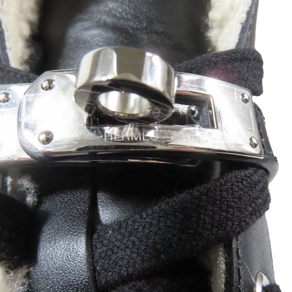 Hermes Day Kelly Buckle Silver Shearling Leather Short Boots Shoes Black — view 9