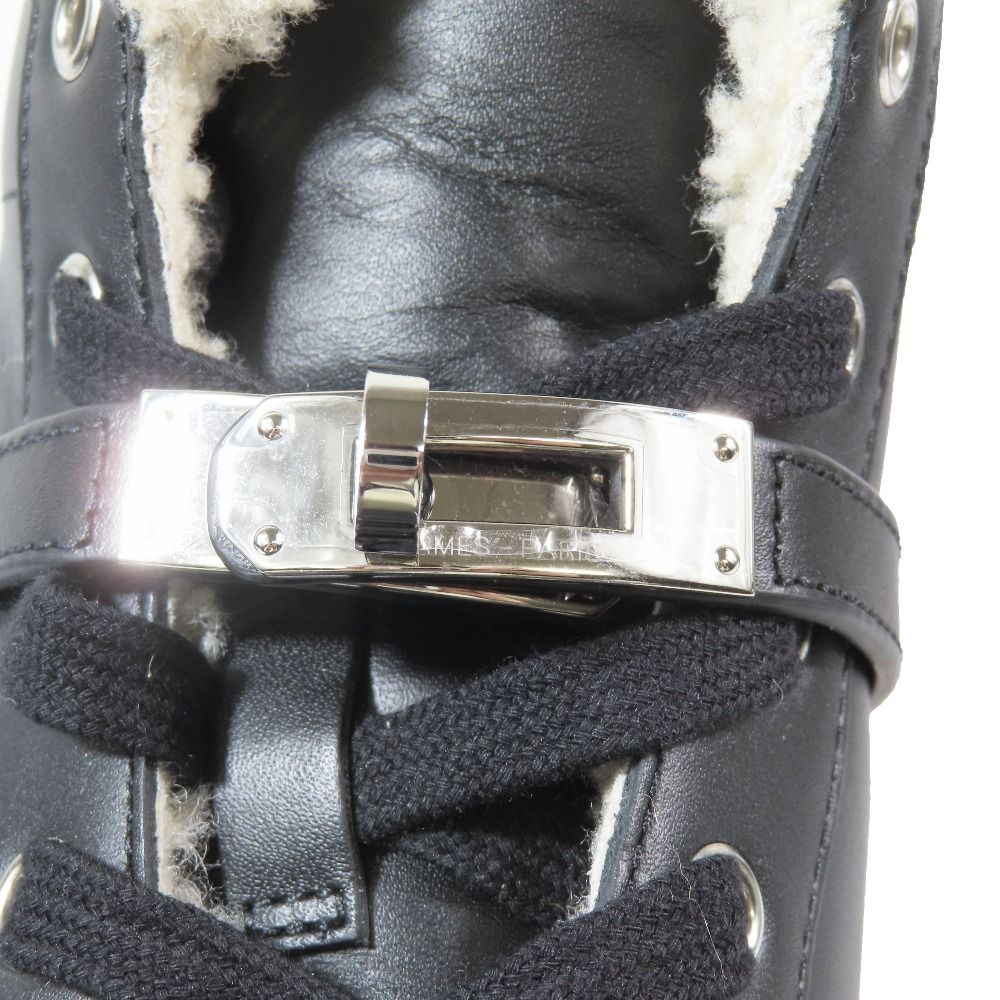 Hermes Day Kelly Buckle Silver Shearling Leather Short Boots Shoes Black — view 8