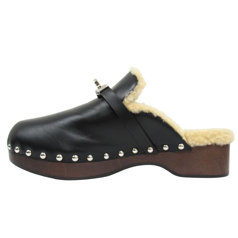 Hermes Carlotta Shearling Sandals Mules Shoes Kelly Silver Studs — view 2