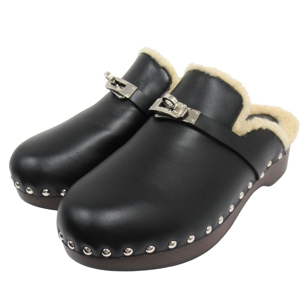 Hermes Carlotta Shearling Sandals Mules Shoes Kelly Silver Studs — view 3