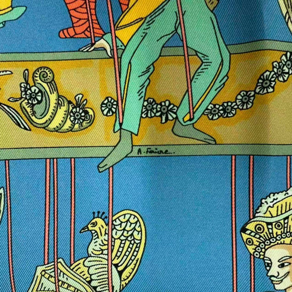 Hermes Carre 90 le Temps Des Marionnettes Marionette Time Silk Scarf Blue — view 7
