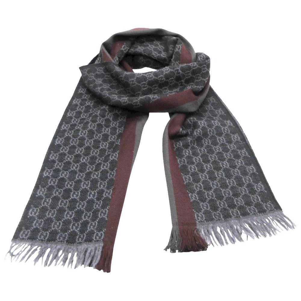Gucci Scarf Shawl Web Line GG Pattern Fringe Gray Black — view 2