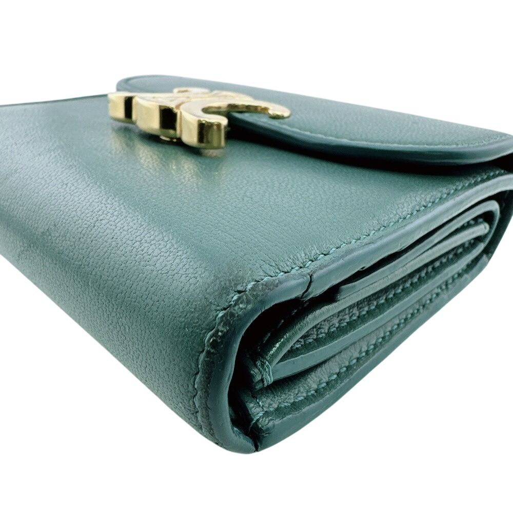 Celine Compact Wallet Small Flap Triomphe Leather Trifold Green — view 4