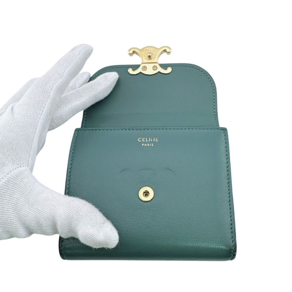 Celine Compact Wallet Small Flap Triomphe Leather Trifold Green — view 7
