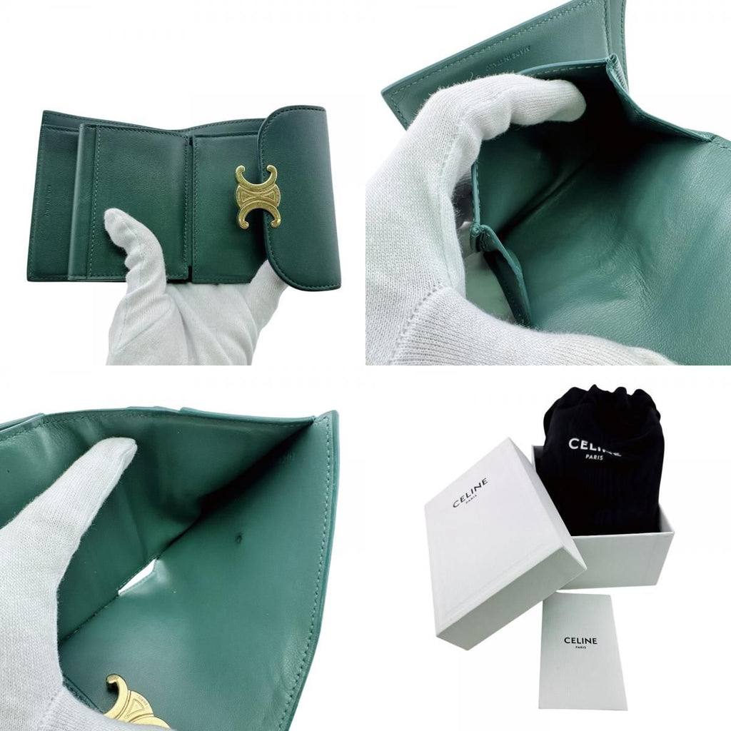 Celine Compact Wallet Small Flap Triomphe Leather Trifold Green — view 8