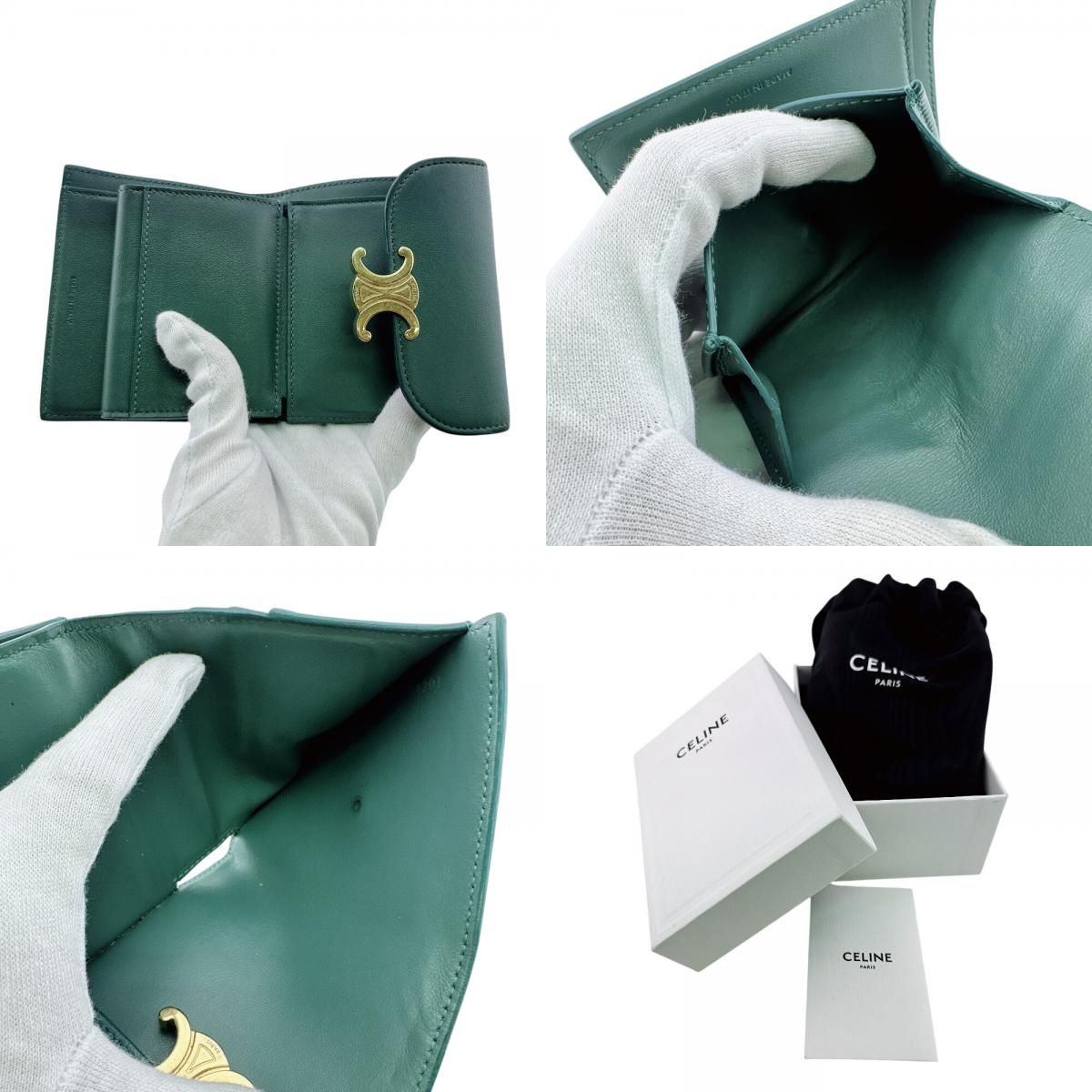 Celine Compact Wallet Small Flap Triomphe Leather Trifold Green — view 8