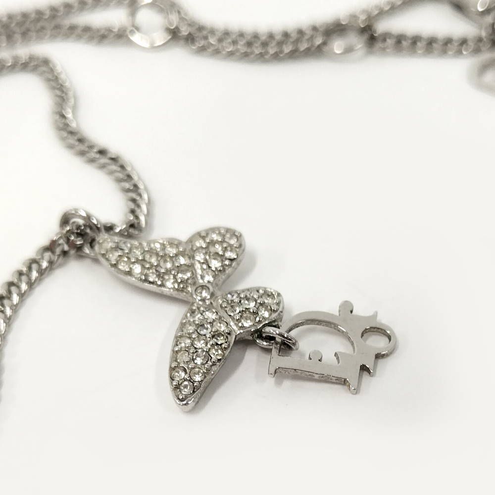 Dior Butterfly Necklace Logo Rhinestone Plated Silver — view 4