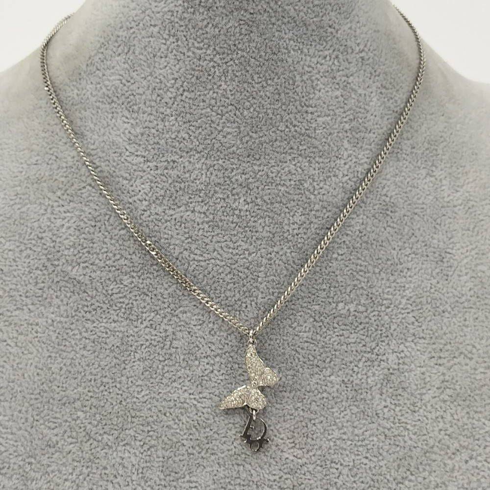 Dior Butterfly Necklace Logo Rhinestone Plated Silver — view 6