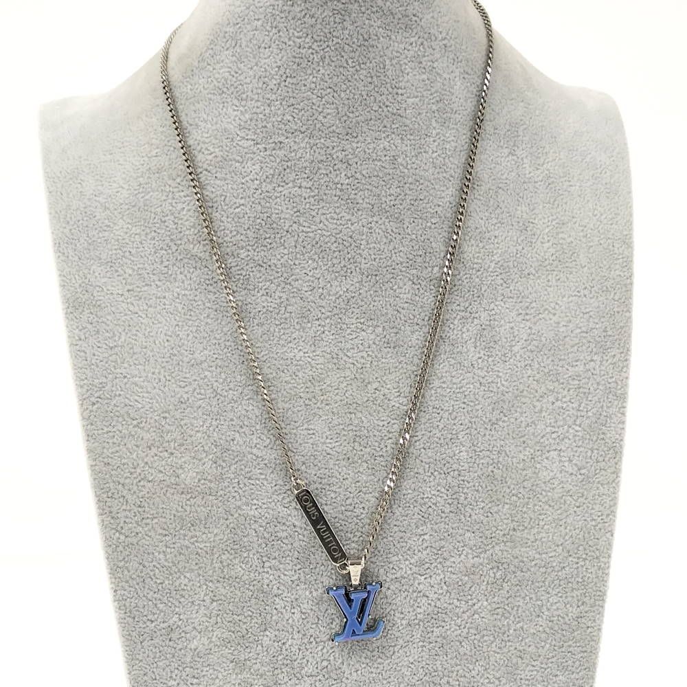 Louis Vuitton Pendant Monogram Chain Necklace LV Initial Plated Blue Silver — view 7