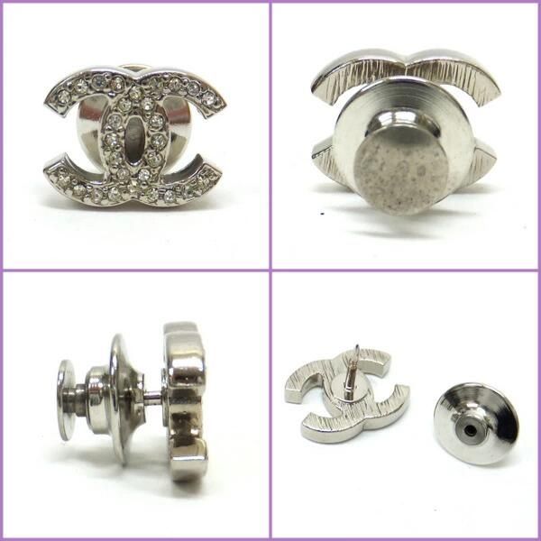 Chanel Pin Brooch 3 Piece Set Metal Rhinestone Clear Silver CC Camellia Leaf — view 2