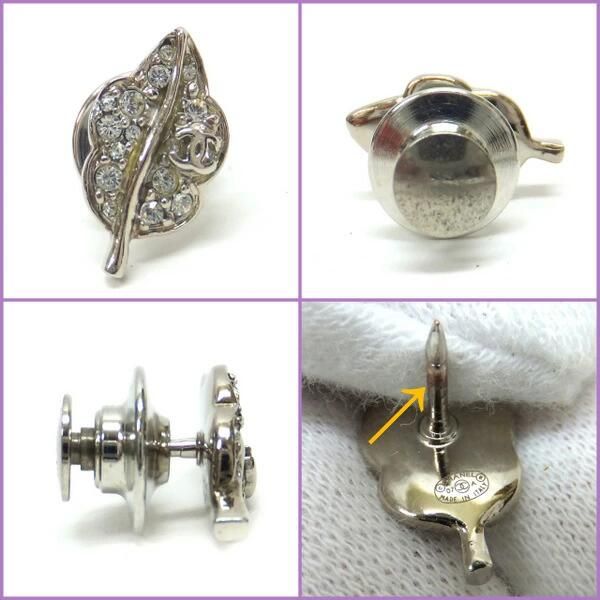Chanel Pin Brooch 3 Piece Set Metal Rhinestone Clear Silver CC Camellia Leaf — view 4