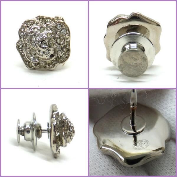 Chanel Pin Brooch 3 Piece Set Metal Rhinestone Clear Silver CC Camellia Leaf — view 3