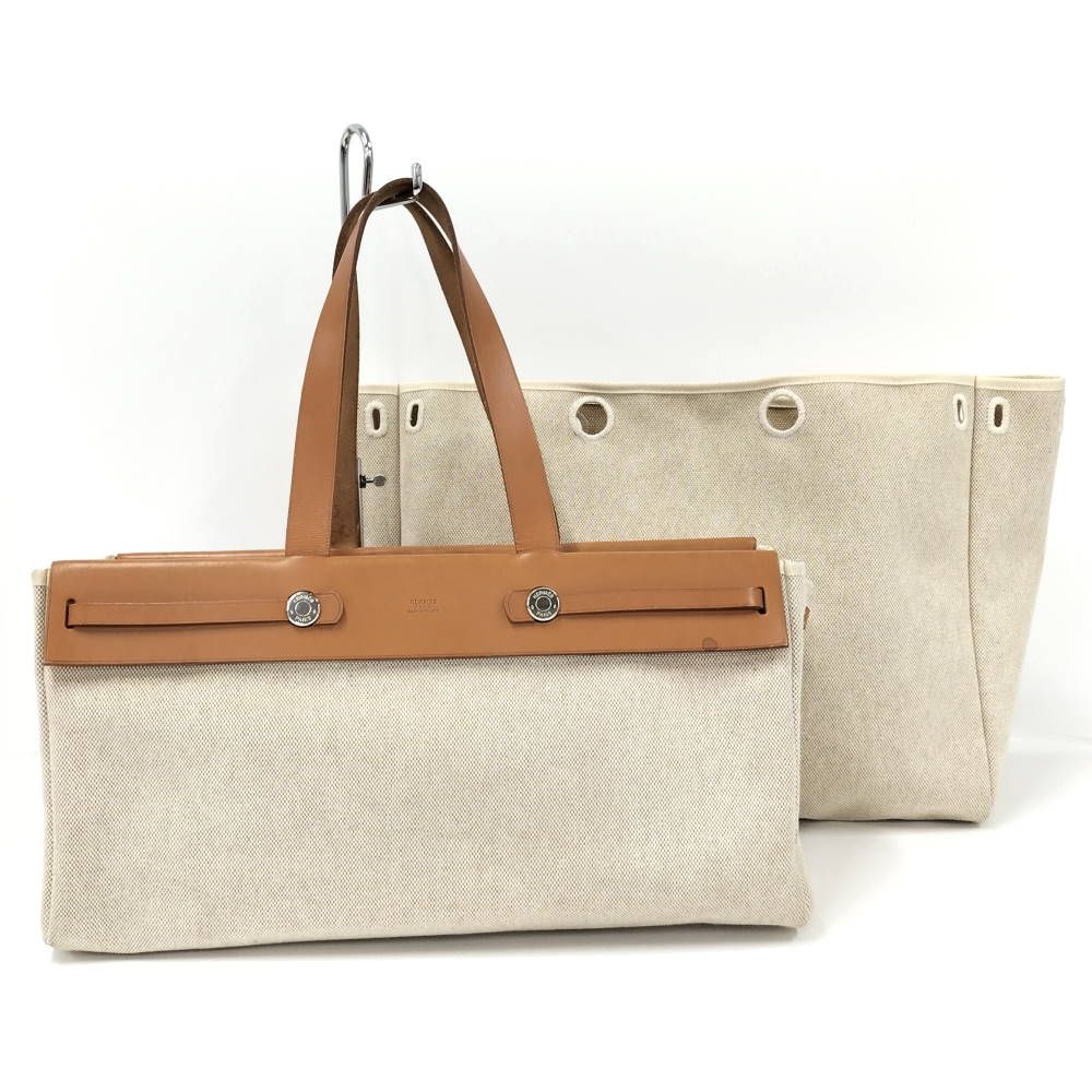 Hermes Herbag Cabas GM Leather Canvas Natural Handbag — view 2