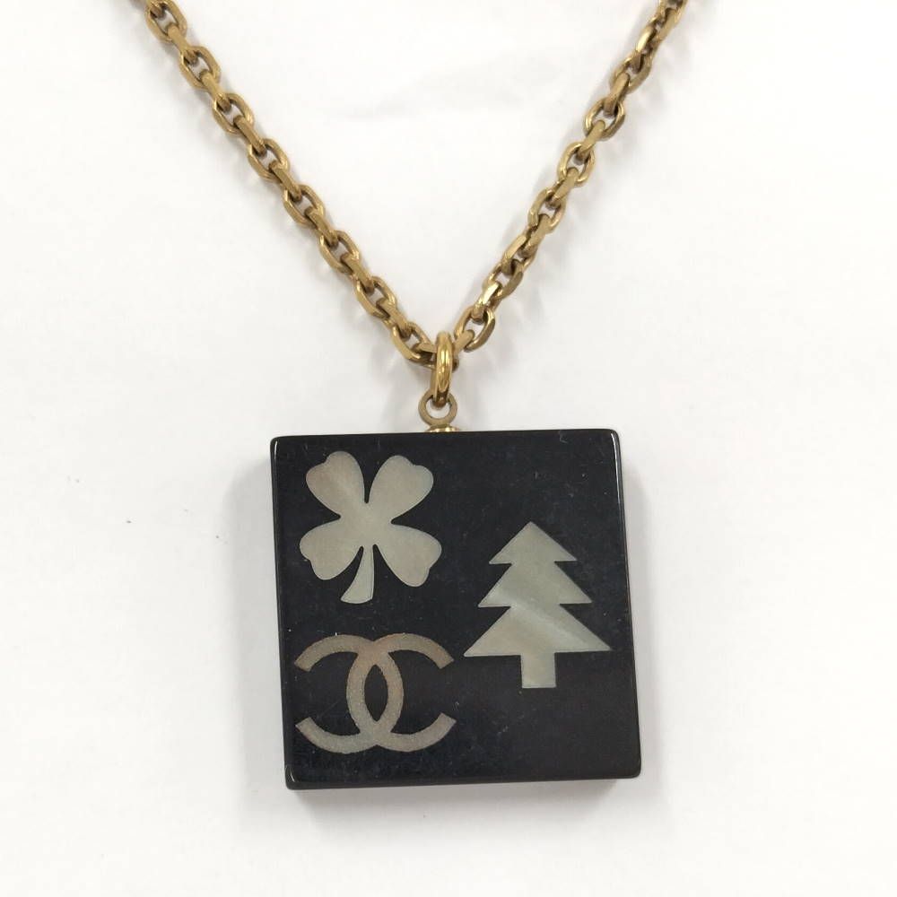 Chanel Necklace Square Plate CC Logo Black Gold Plated — view 2