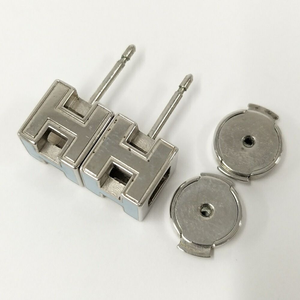 Hermes Cage Ash Cube Earrings H Logo Blue Silver Plated — view 2