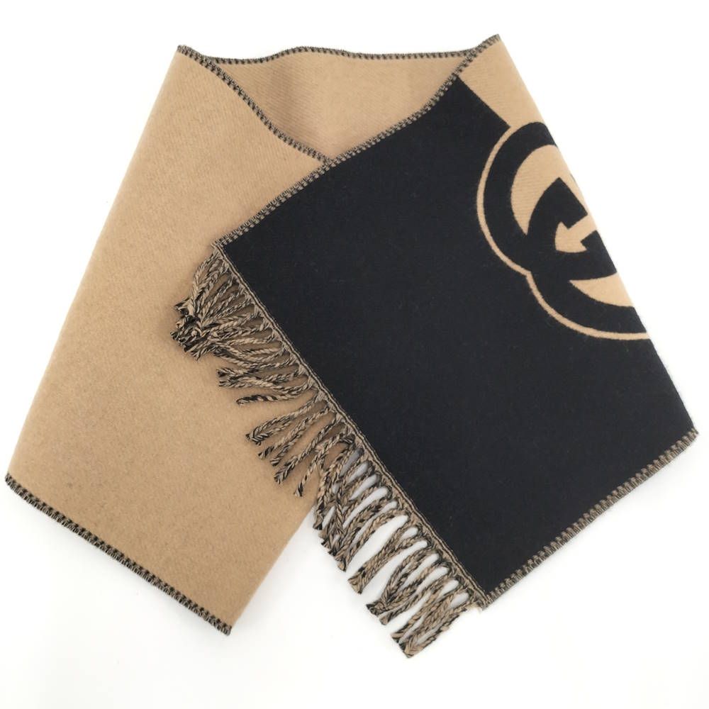 Gucci Scarf GG Pattern Cashmere Wool Brown Black — view 2