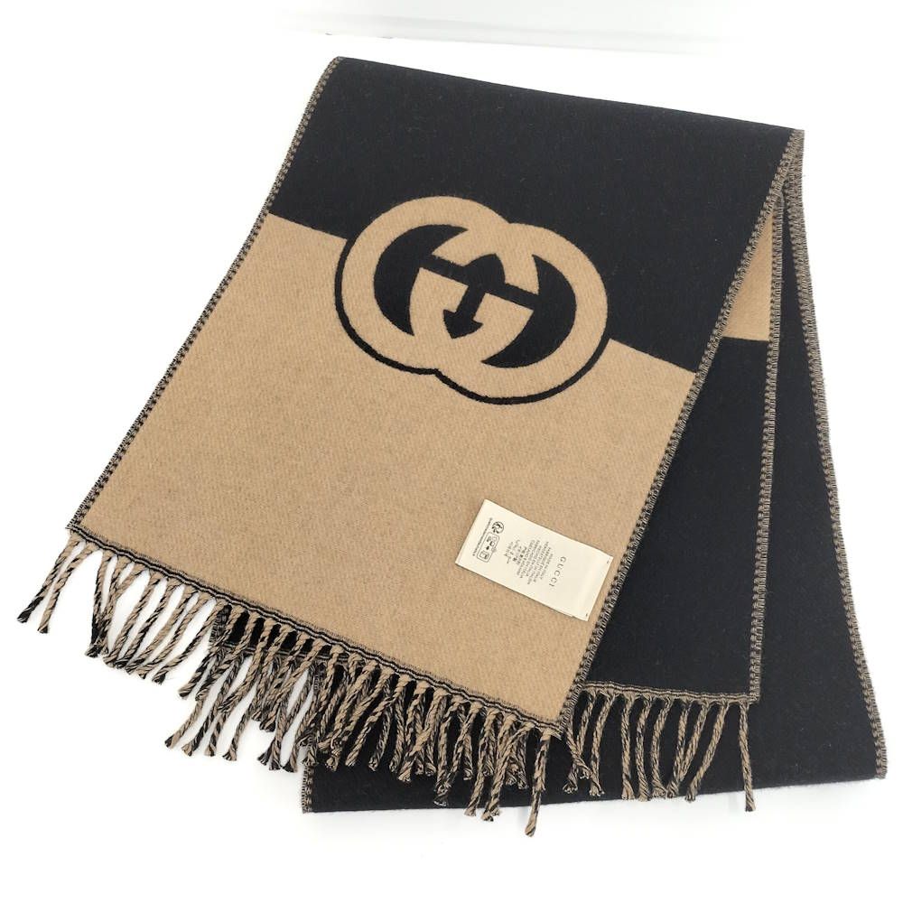 Gucci Scarf GG Pattern Cashmere Wool Brown Black — view 8