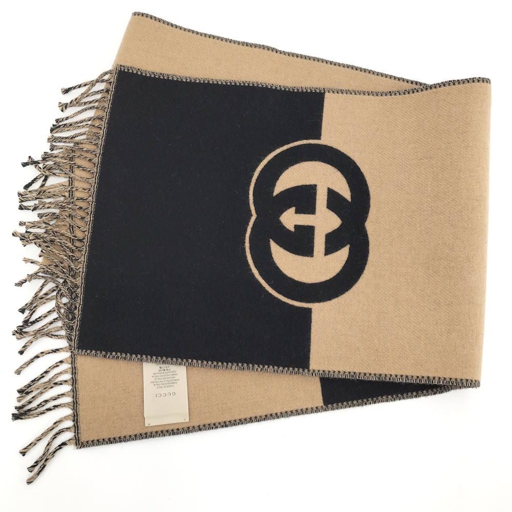 Gucci Scarf GG Pattern Cashmere Wool Brown Black — view 3