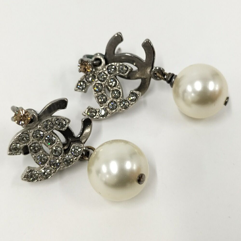 Chanel CC Logo Rhinestone Earrings Plated Silver — view 3