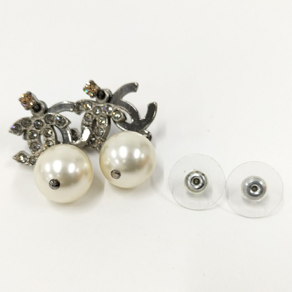 Chanel CC Logo Rhinestone Earrings Plated Silver — view 6