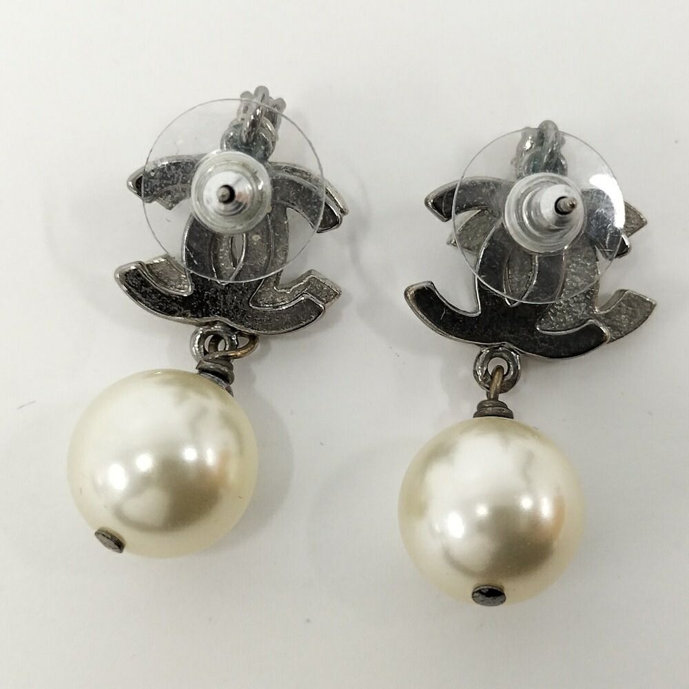 Chanel CC Logo Rhinestone Earrings Plated Silver — view 2