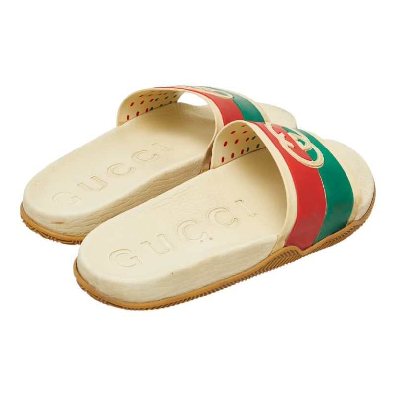 Gucci Interlocking Slide Sandals Shower Beige Green Red Rubber — view 2