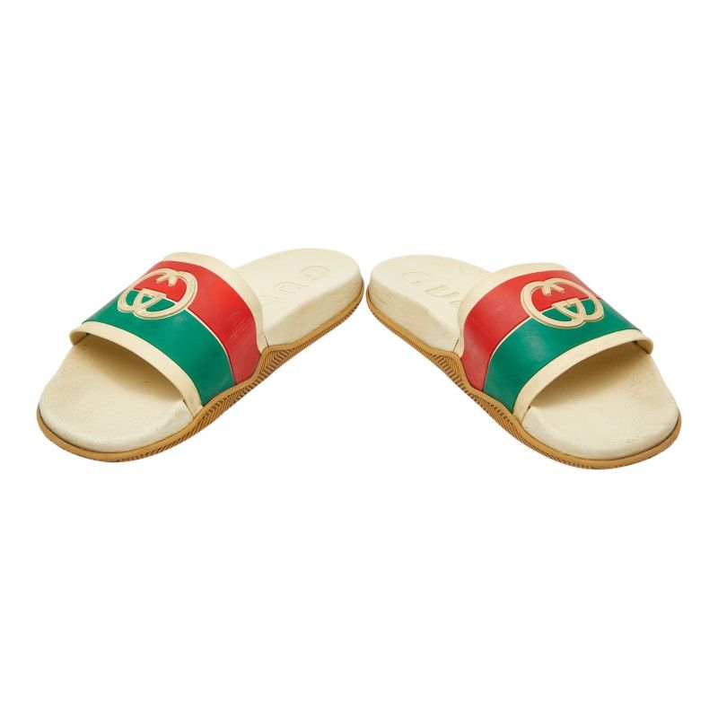 Gucci Interlocking Slide Sandals Shower Beige Green Red Rubber — view 4