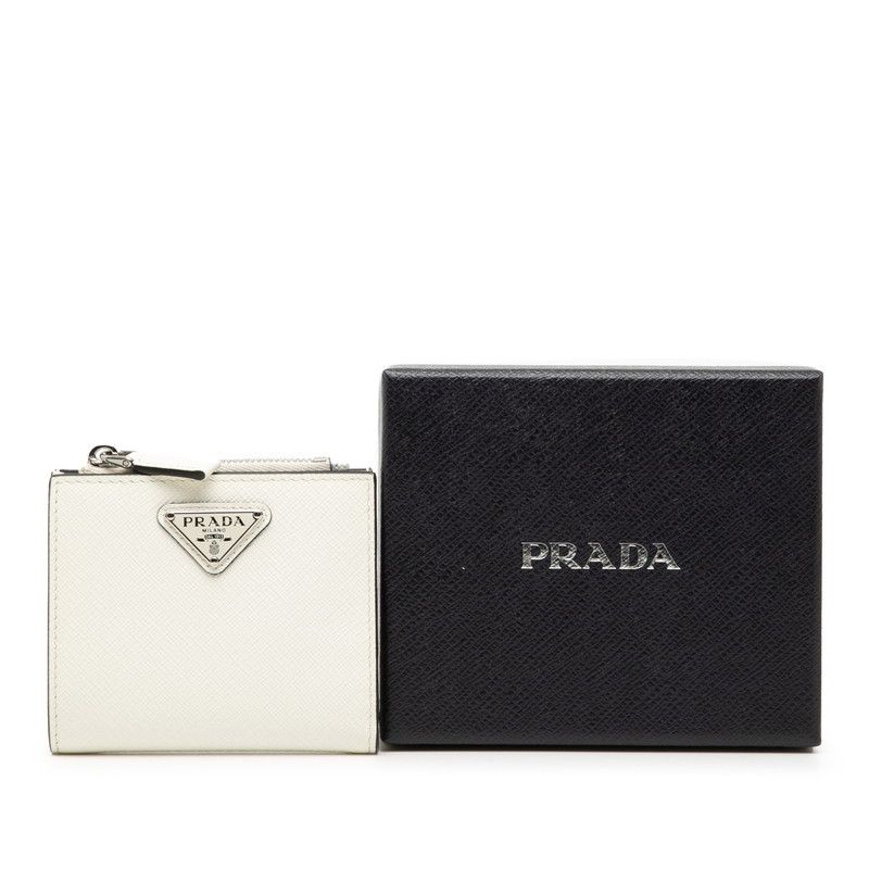 Prada Triangle Logo Bifold Wallet Compact White Saffiano Leather — view 7