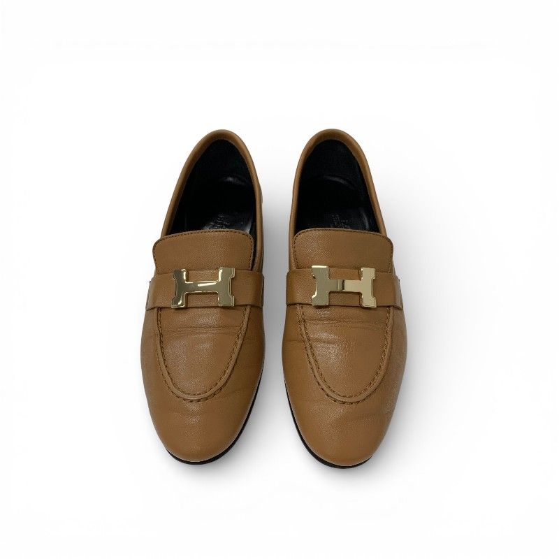 Hermes Paris Loafers Shoes Leather Natural Gold Hhardware Moccasins — view 2