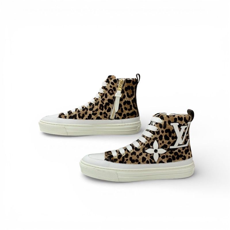 Louis Vuitton Stella Line Monogram Sneakers Shoes Calf Hair Leather Brown White — view 2