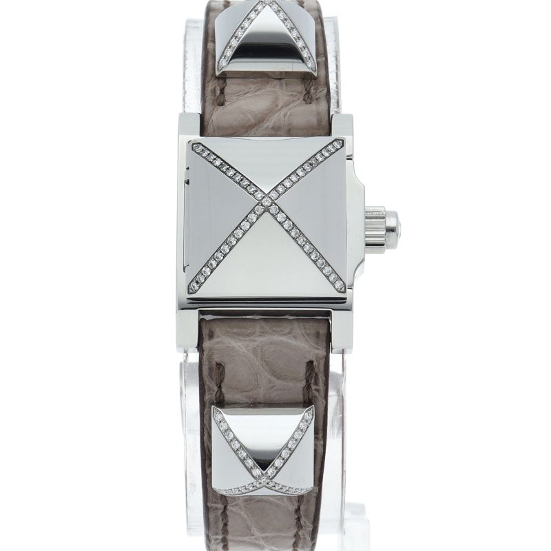 Hermes Mini Medall Diamond Watch Box SS Leather White Polished — view 2