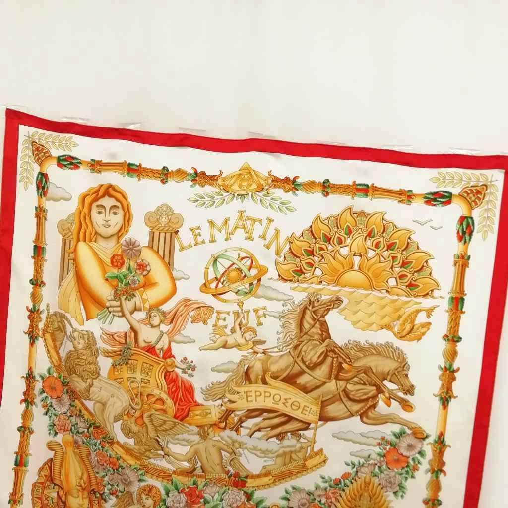 Hermes Lematin Neuf New Morning Carre 90 Large Scarf White Red — view 2