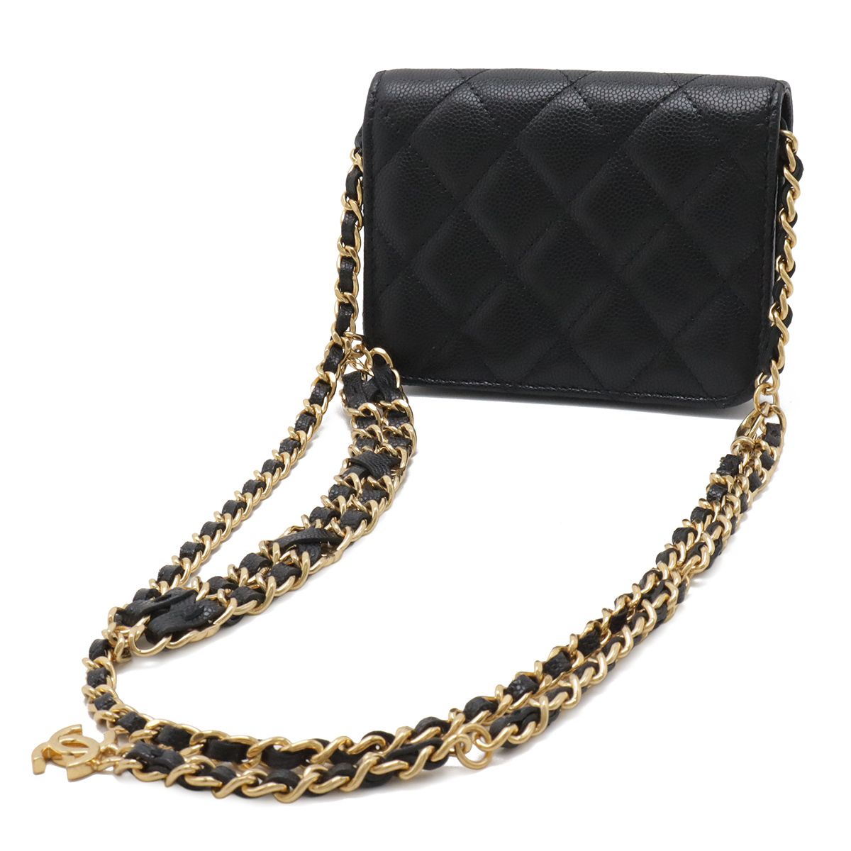 Chanel Quilted CC Logo Belt Bag Chain Pouch Caviar Leather Black Gold — view 2