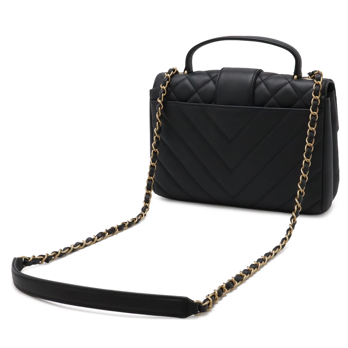 Chanel Quilted Stitch Top Handle 2-Way Chain Shoulder Bag Leather Black Gold — view 2