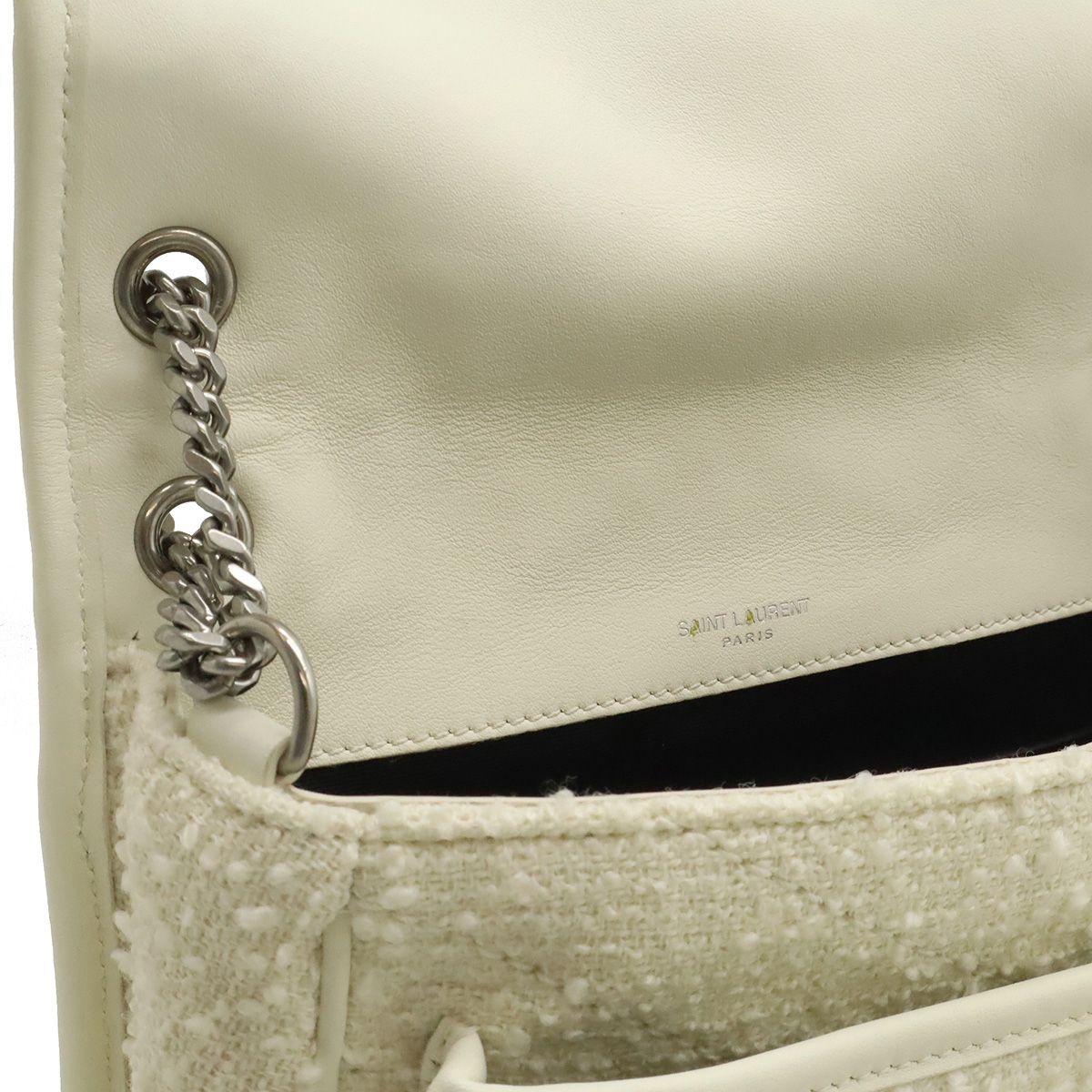 Saint Laurent Paris Yves YSL Niki Baby Chain Shoulder Cles Tweed Leather White — view 7