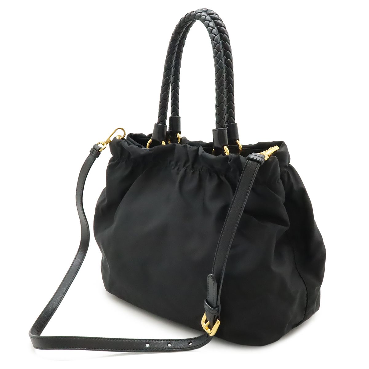 Prada Ribbon Braided Tote 2-Way Shoulder Bag Nylon Nero Black Gold — view 2