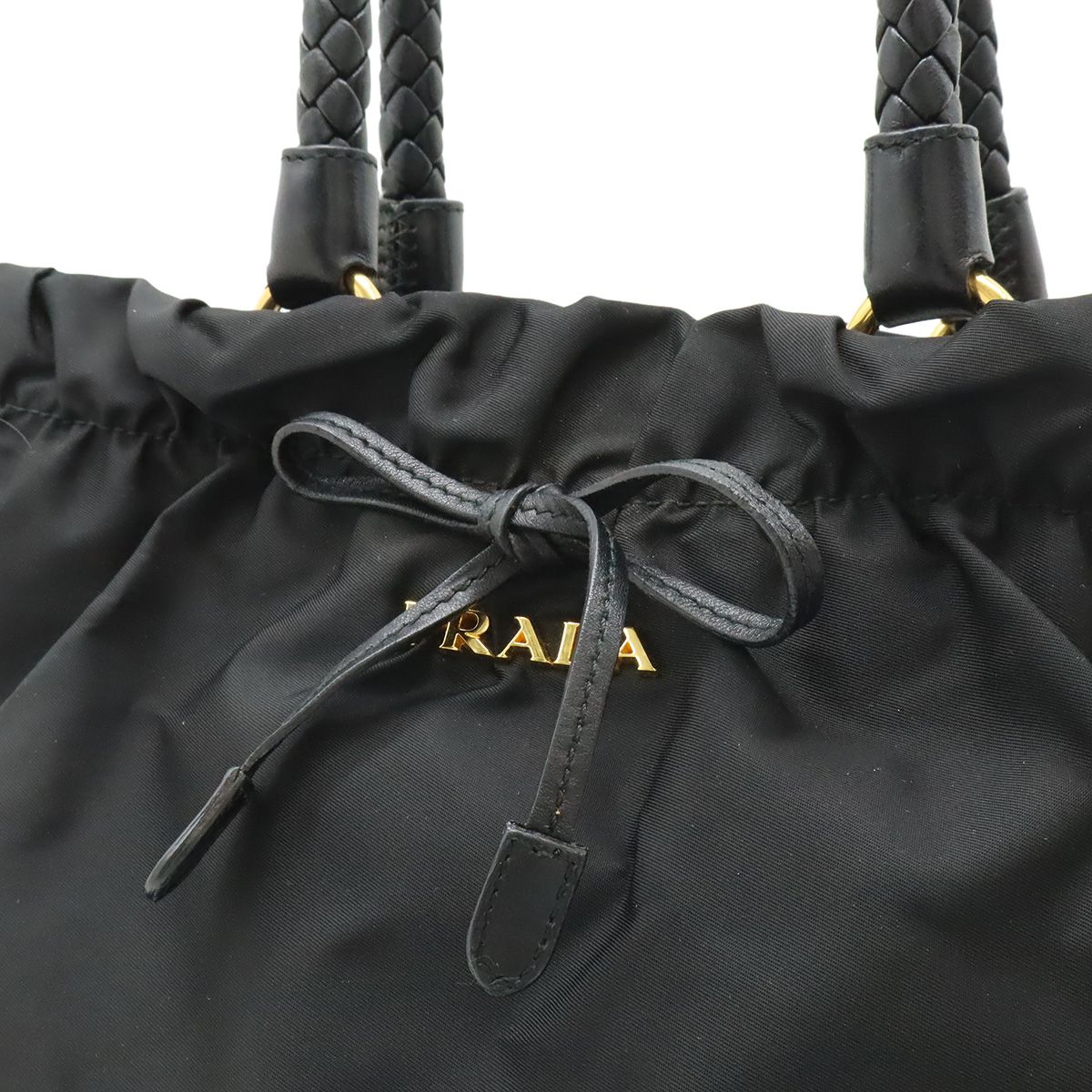 Prada Ribbon Braided Tote 2-Way Shoulder Bag Nylon Nero Black Gold — view 8