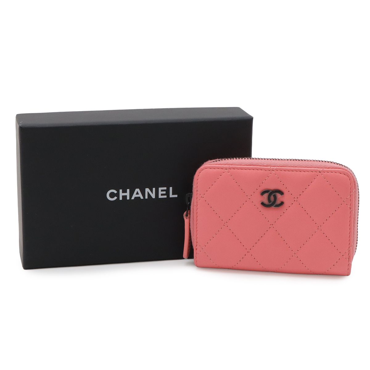 Chanel Quilted CC Logo Classic Zip Coin Purse Zip Around Leather Coral Pink — view 8