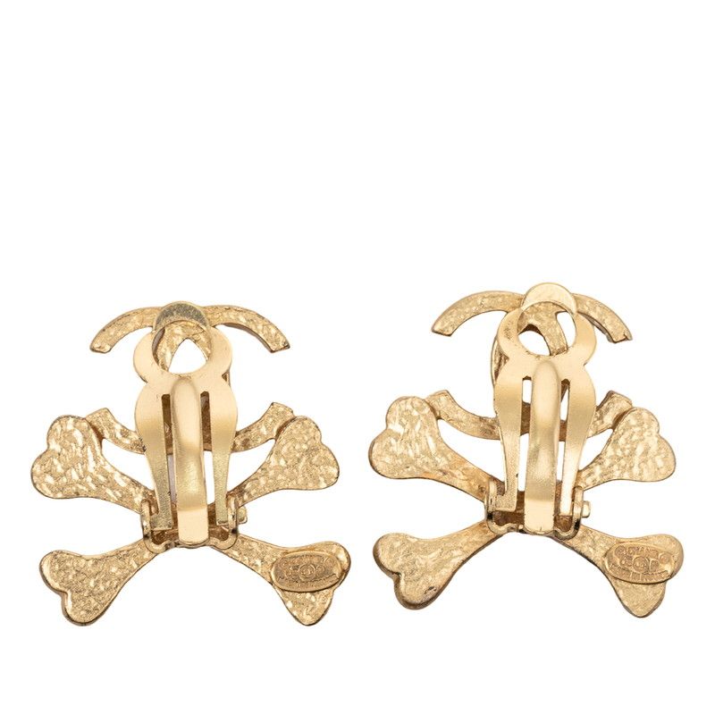 Chanel CC Logo Bone Earrings Gold Beige Plated — view 2