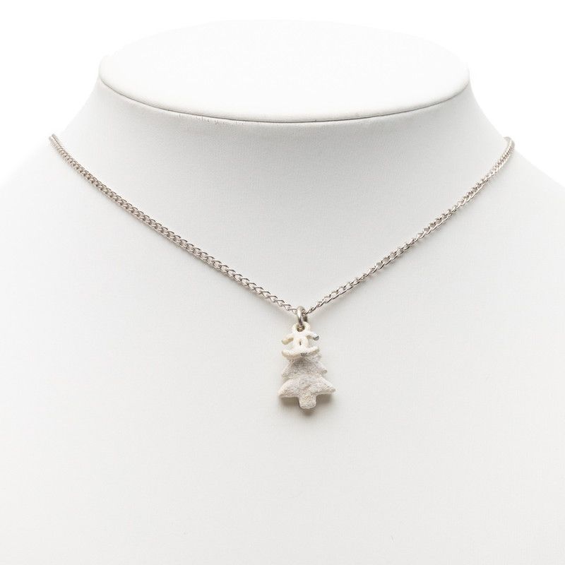 Chanel CC Logo Christmas Tree Motif Necklace Silver White Metal — view 5