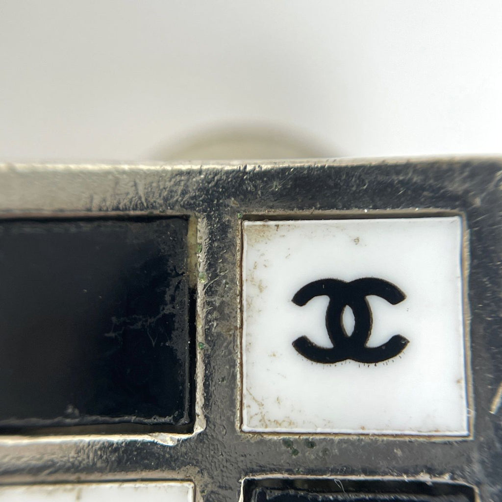 Chanel CC Logo Square Earrings Silver Plated Black White — view 4