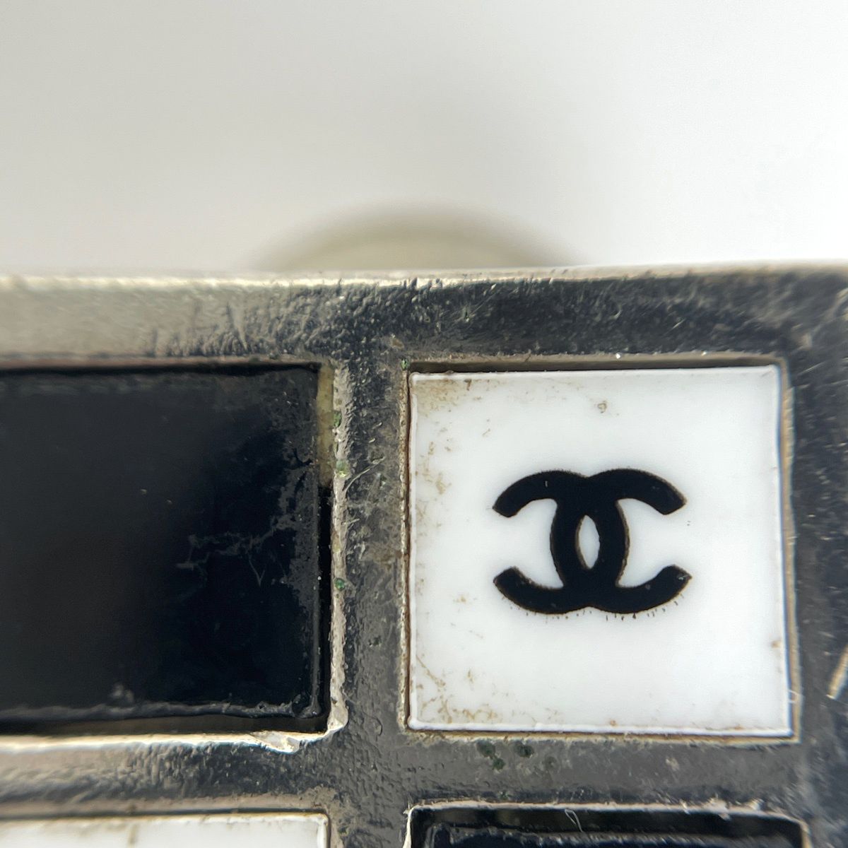 Chanel CC Logo Square Earrings Silver Plated Black White — view 4