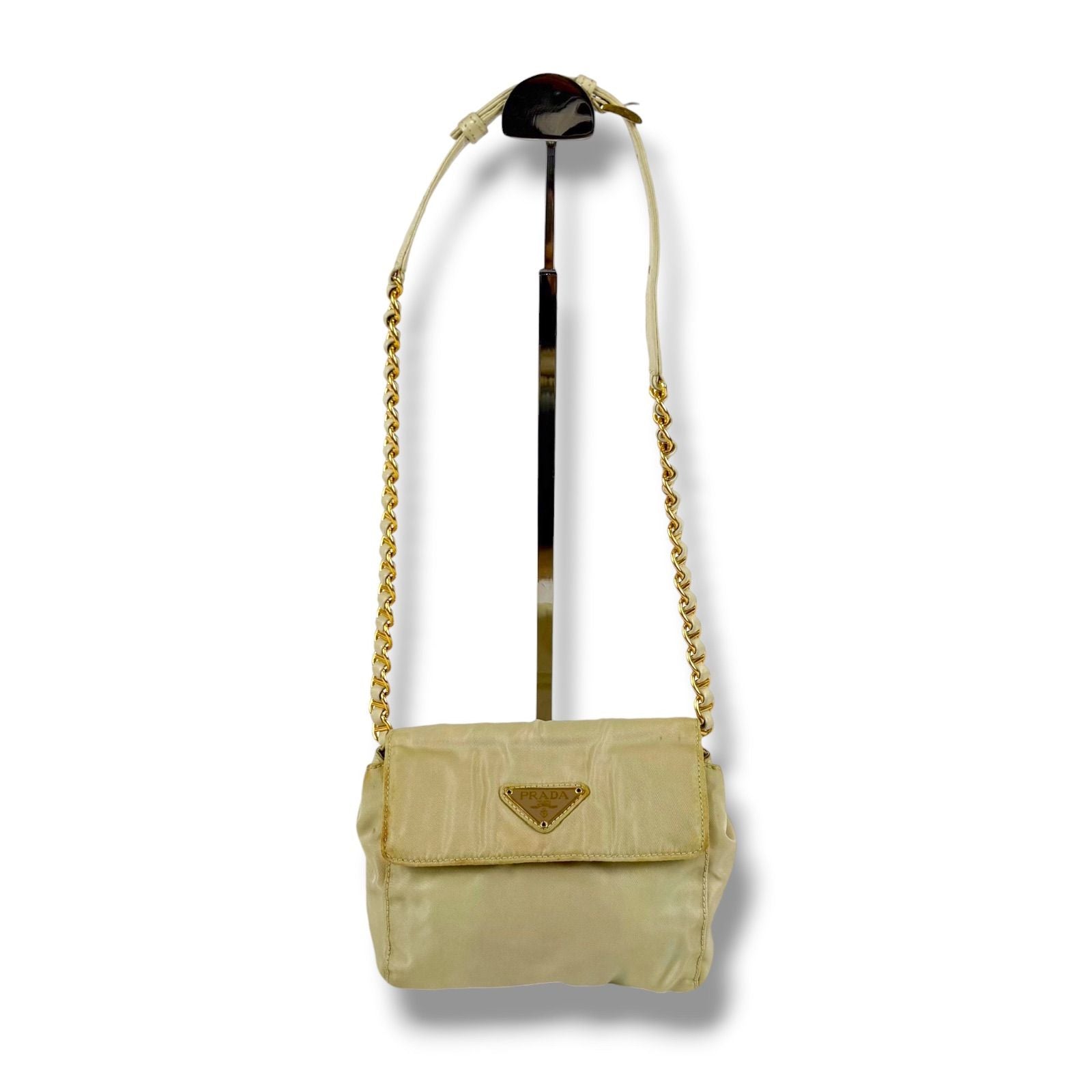 Prada Triangle Logo Chain Shoulder Bag Tessuto Nylon Ivory Mini — view 2