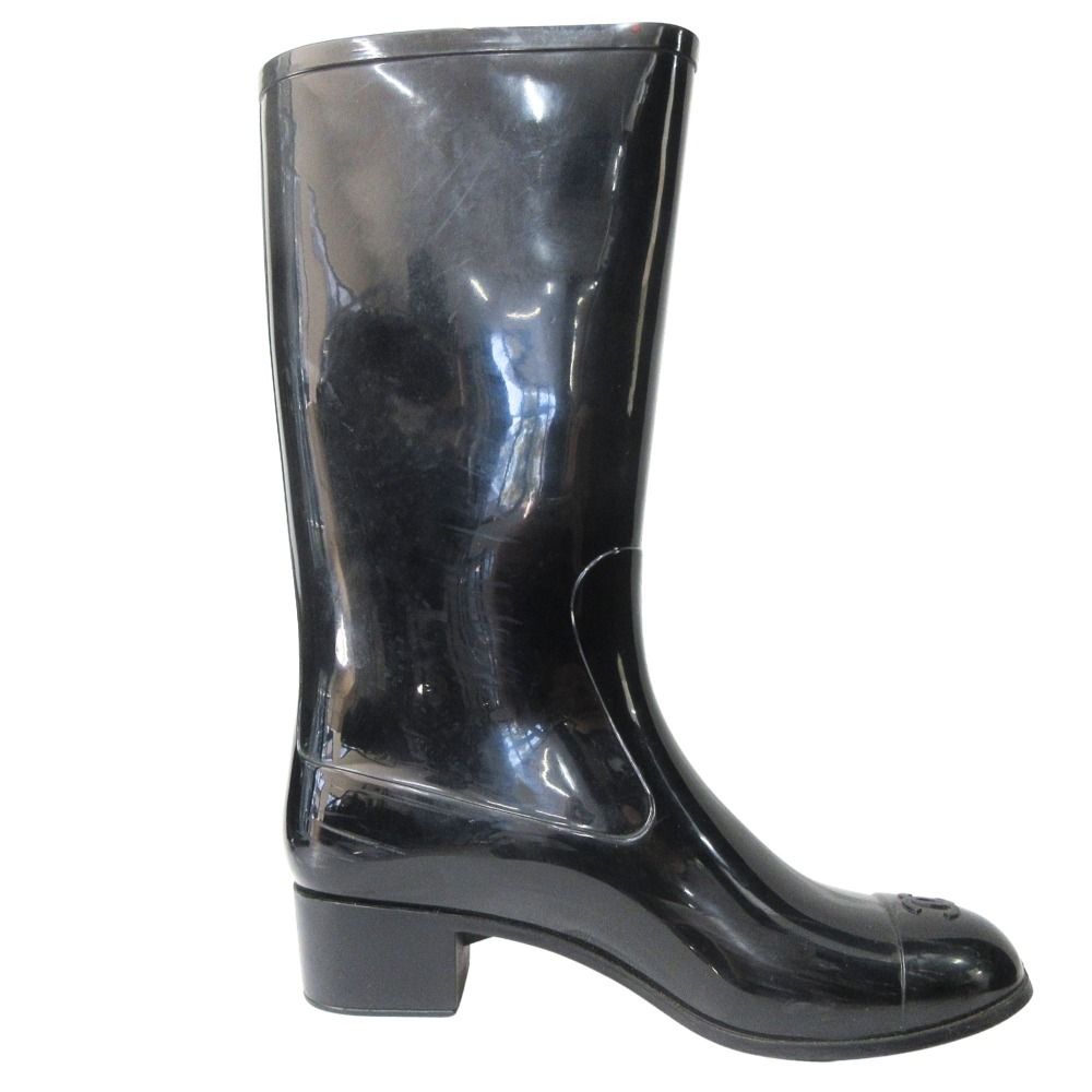 Chanel Camellia Rain Boots Shoes CC Logo Gold 36 Black — view 2