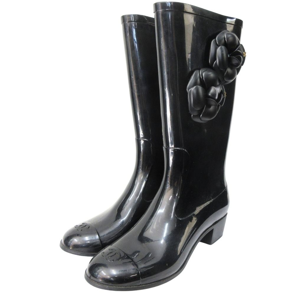Chanel Camellia Rain Boots Shoes CC Logo Gold 36 Black — view 3