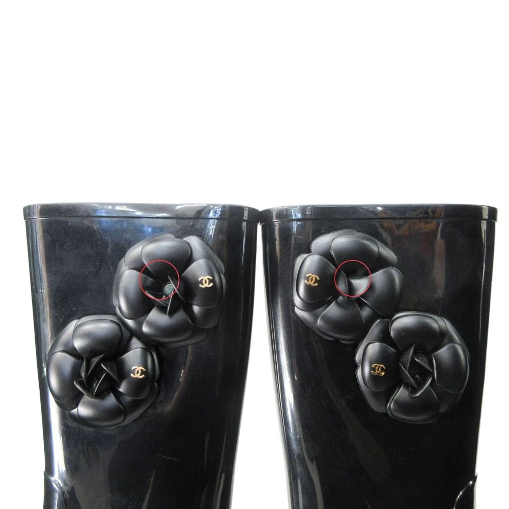 Chanel Camellia Rain Boots Shoes CC Logo Gold 36 Black — view 7