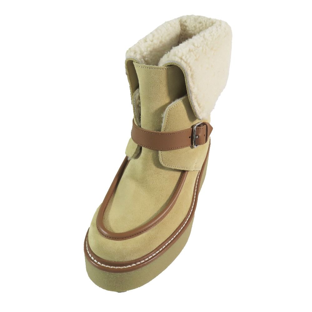 Hermes Suede Leather Shearling Short Boots Platform Belt Shoes Beige — view 4