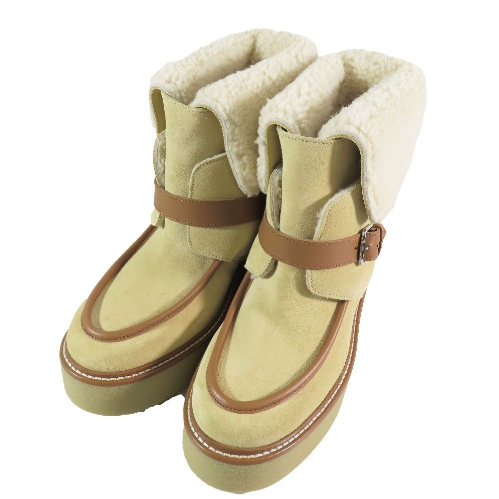 Hermes Suede Leather Shearling Short Boots Platform Belt Shoes Beige — view 3