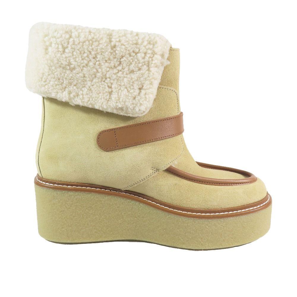 Hermes Suede Leather Shearling Short Boots Platform Belt Shoes Beige — view 2